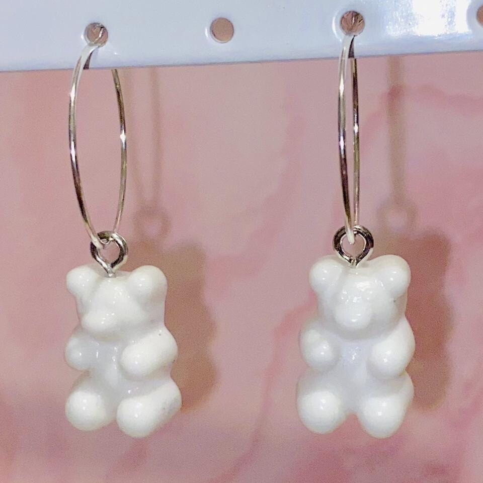 Gummy bear earrings with silver plated hoops or hooks red blue pink white black