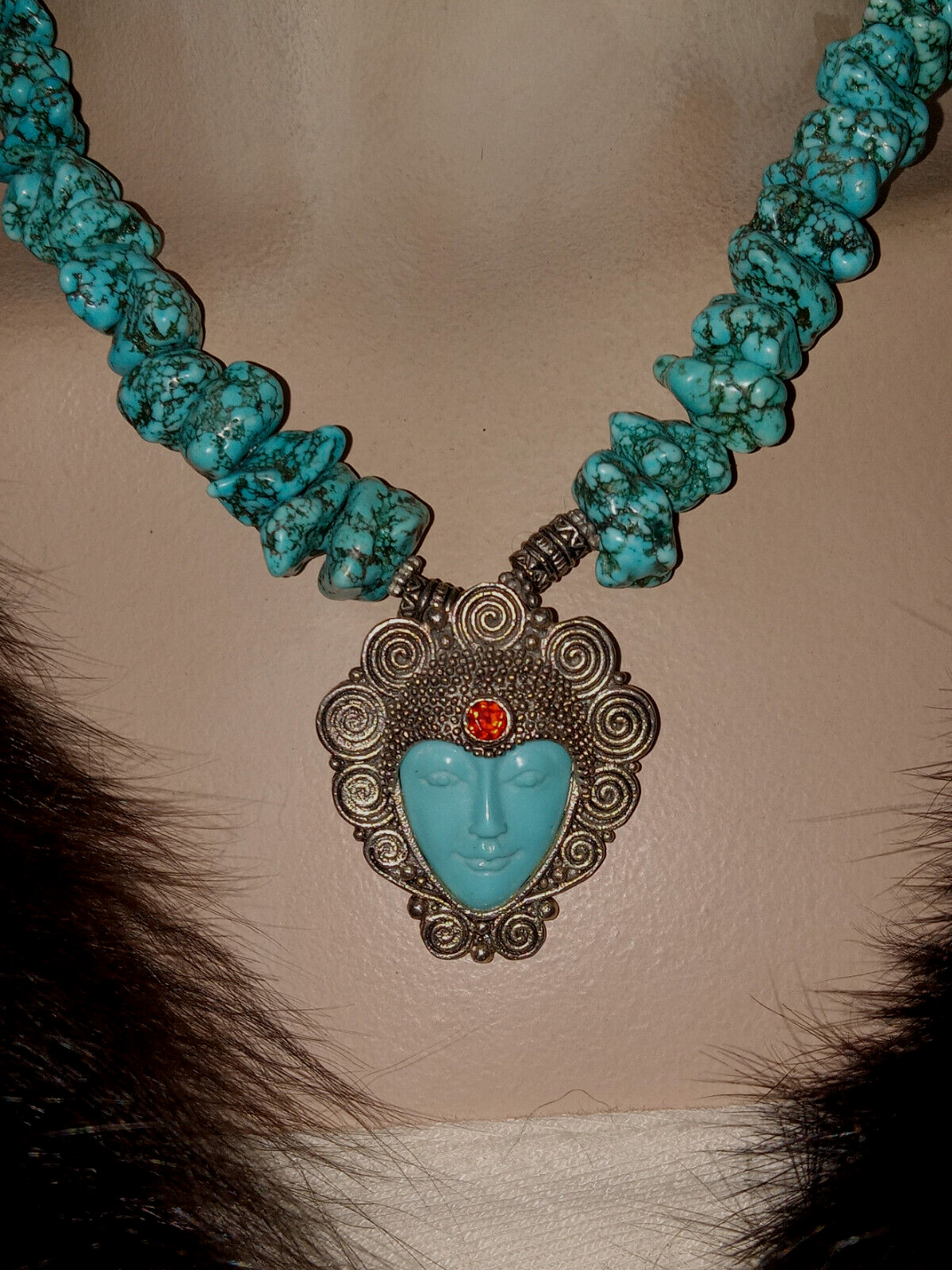 MOON GODESS 925 ,TURQUOISE BEAD W/GARNET ACCENT NECKLACE 19″, 92.5G