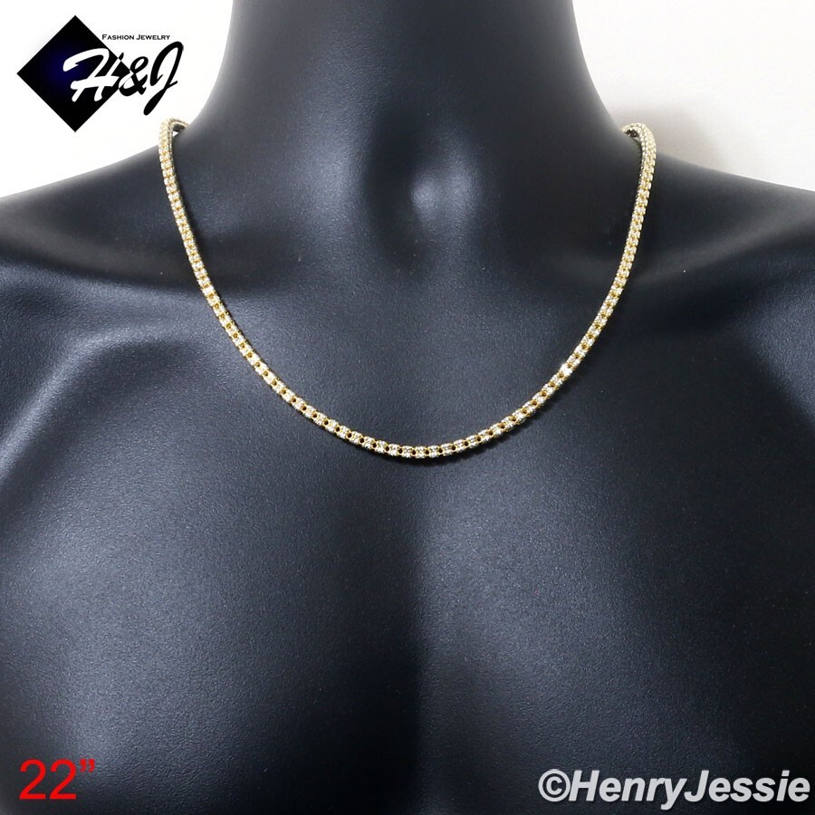 18″-24″MEN 925 STERLING SILVER 4MM GOLD PLATED 2-TONE ICE LINK NECKLACE*GN23