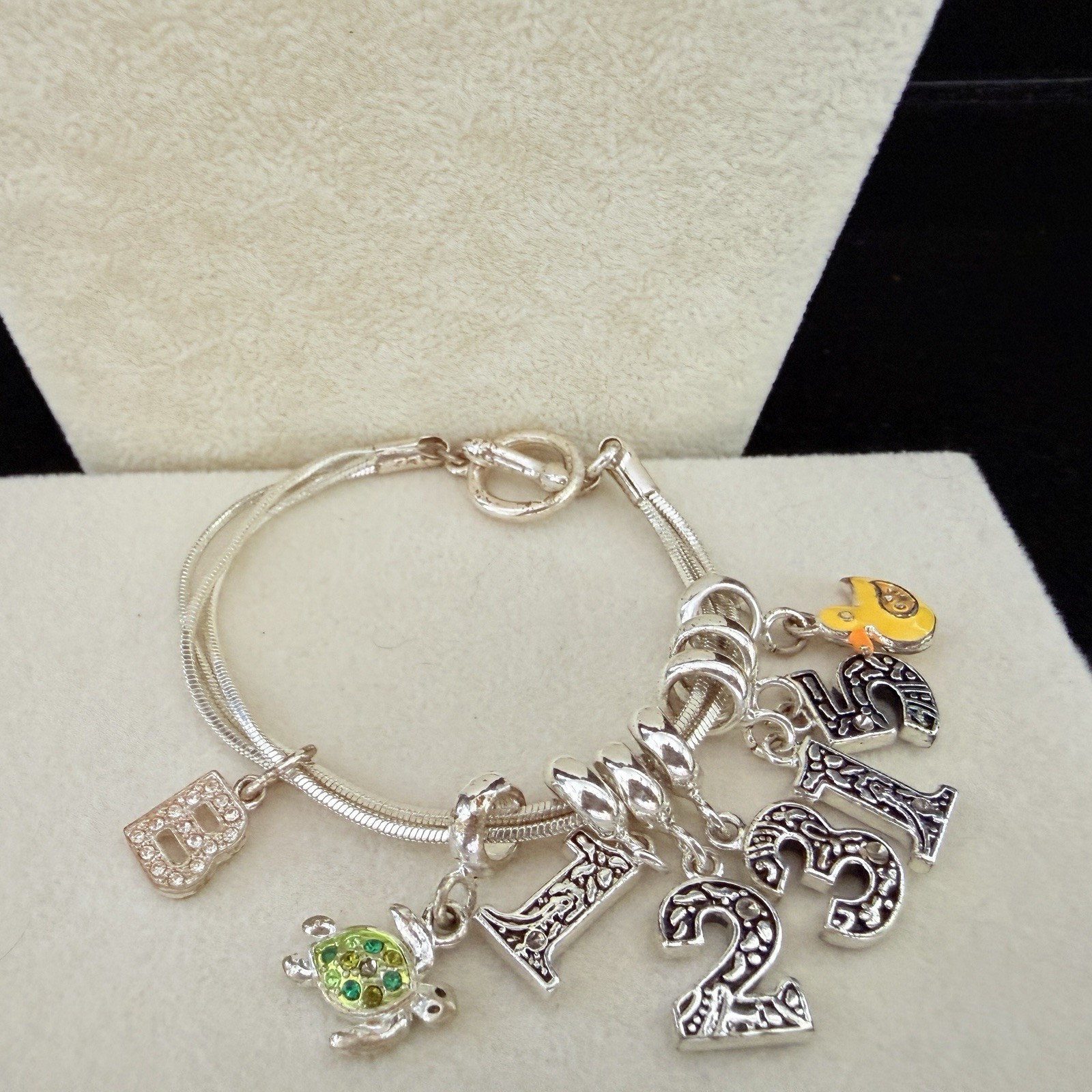 ADORABLE GREEN RHINESTONE & YELLOW ENAMEL BIRTHDAY, DUCK, TURTLE CHARM BRACELET-