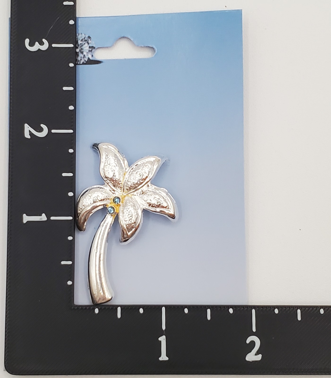 Flower Brooch 2in Silver Tone Blue Crystal Palm Lilly Estate Pin NOS Branded TH