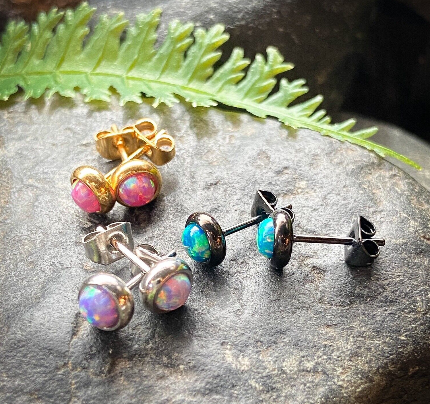 PAIR Bezel Set Opal 316L Surgical Steel Earrings – choose from 18 color combos!