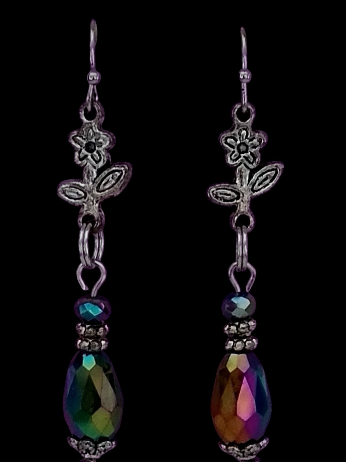 Handcrafted IRRIDESCENT BEADS SILVERTONE FLOWERS Double-Sided Dangle Earrings