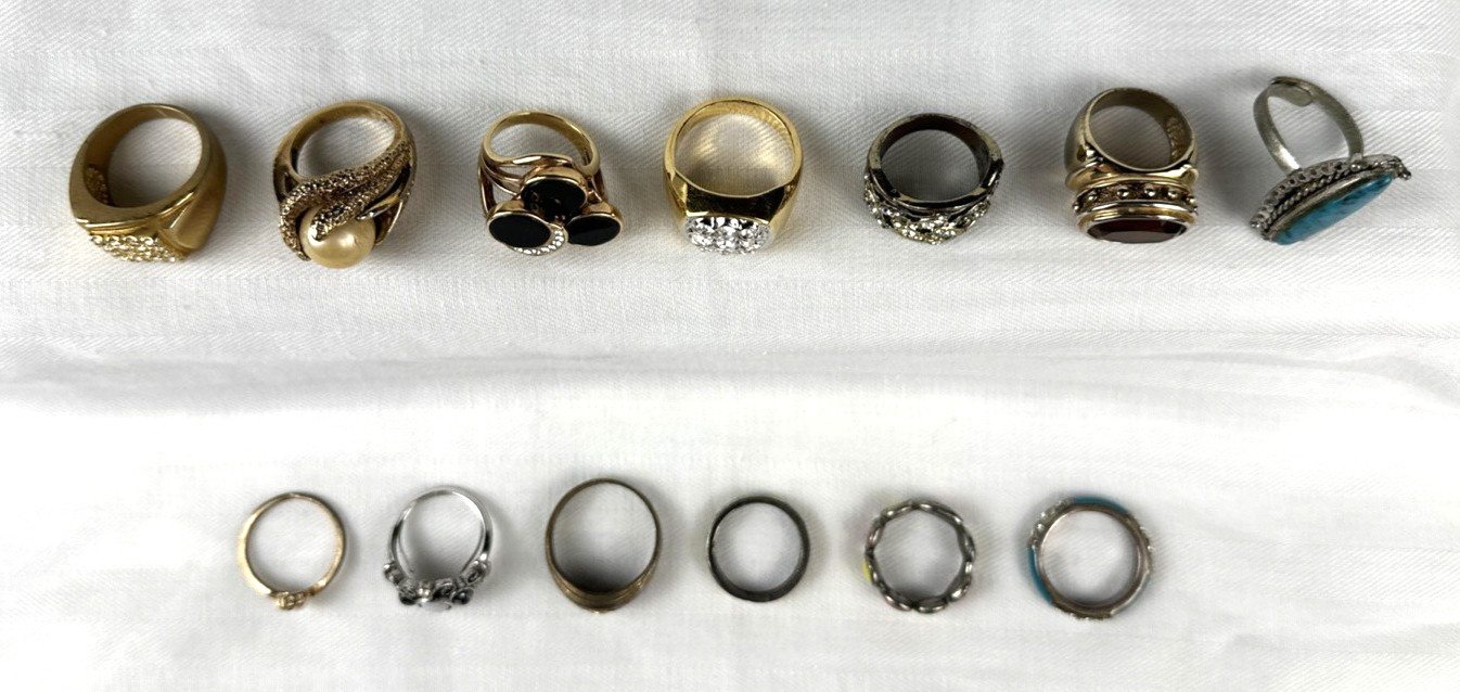 Fashion Ring Lot, 13 Different Rings of Various Designs and Sizes, Free Shipping