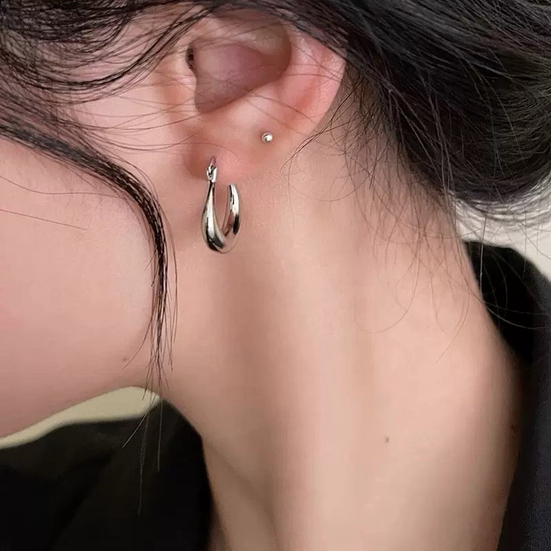 925 Silver Chunky Teardrop Huggie Hoop Earrings Minimalist Thick Earrings A01