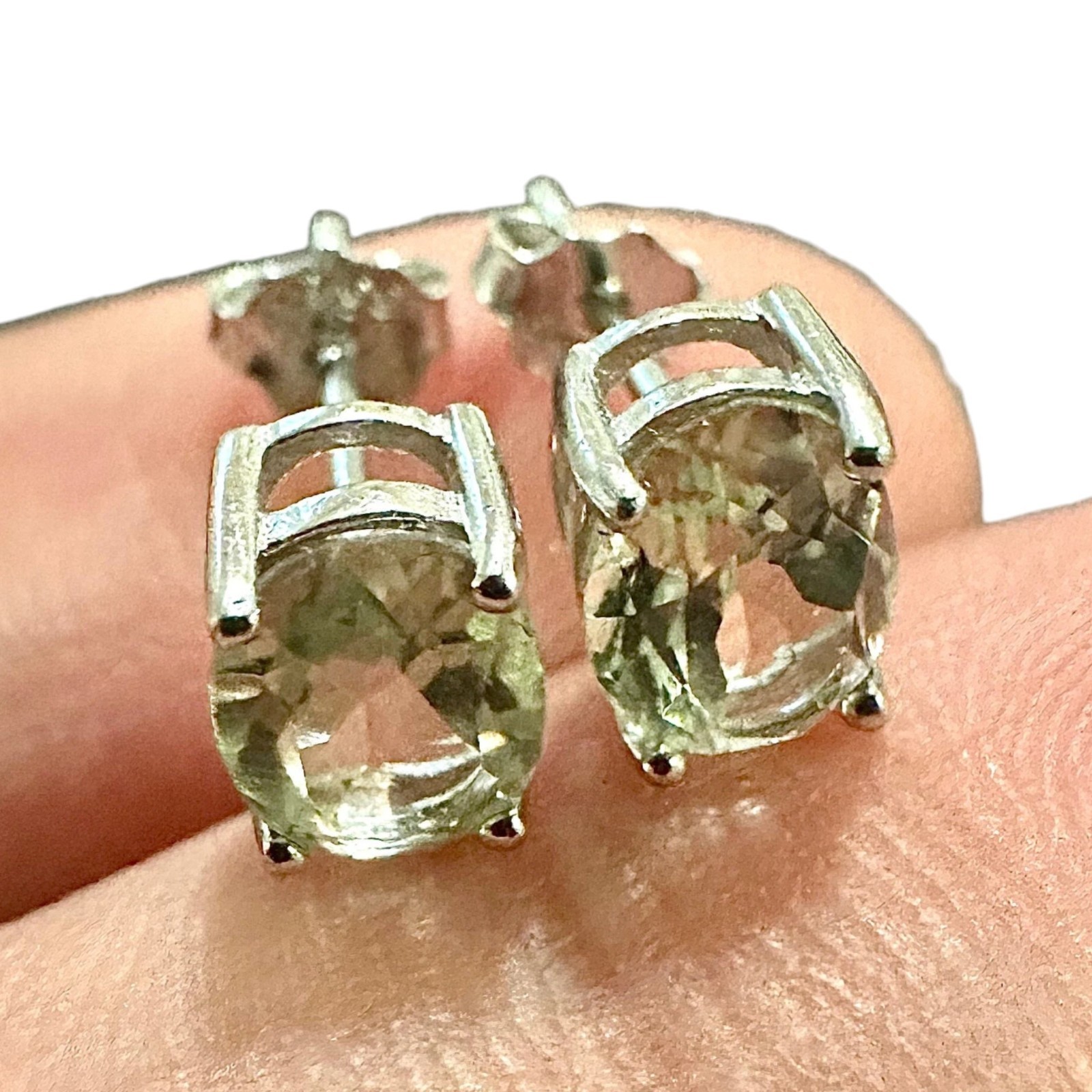 Green Amethyst Stud Earrings Sterling Silver 925 Created oval 6MM Stud for Women