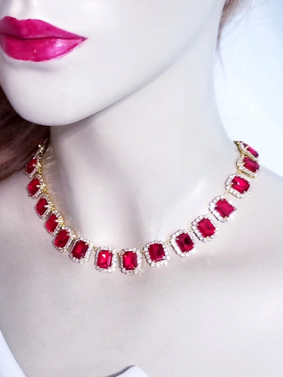 Red Statement Choker Rhinestone Necklace Bridal Prom Pageant Jewelry