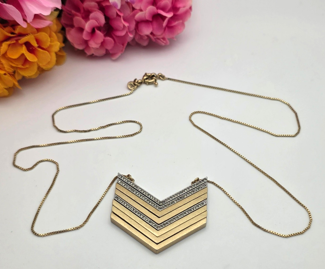 Madewell Chevron Crystal Pendant Necklace Gold Tone Art Deco Geometric 30 In