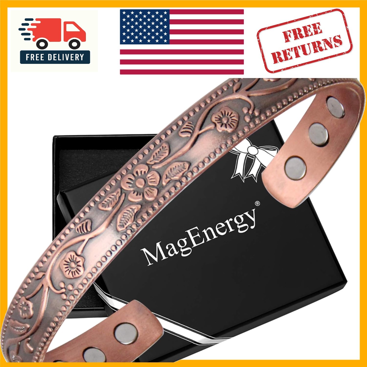 99.9% Pure Copper Magnetic Bangle Bracelet – Adjustable Vintage Floral Design