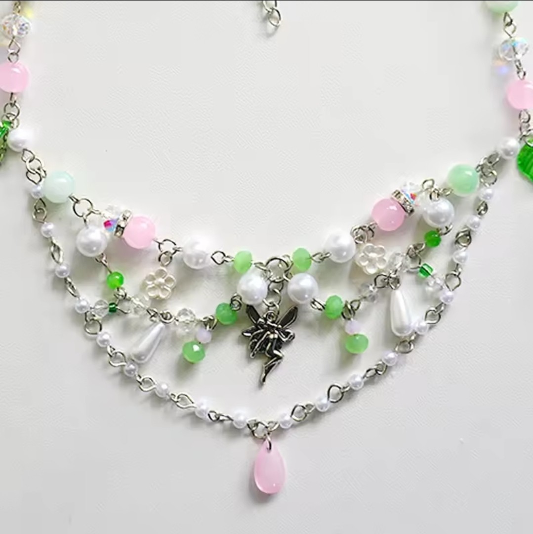Multicolor Glass Beaded Fairy Charm Pendant Necklace Faux Pearl Teardrop