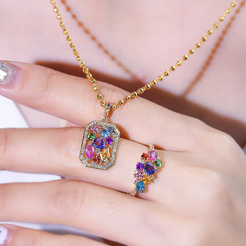 New Women Girls Jewelry Set Mix Color Amethyst Topaz Gems Necklace Rings Gold