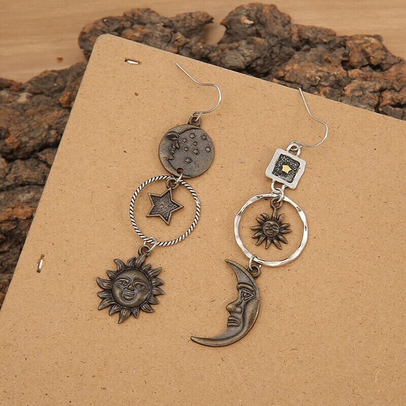Sun & Moon Earrings, Star, Asymmetrical, Unique, Mixed Metal, Brass, Antiqued