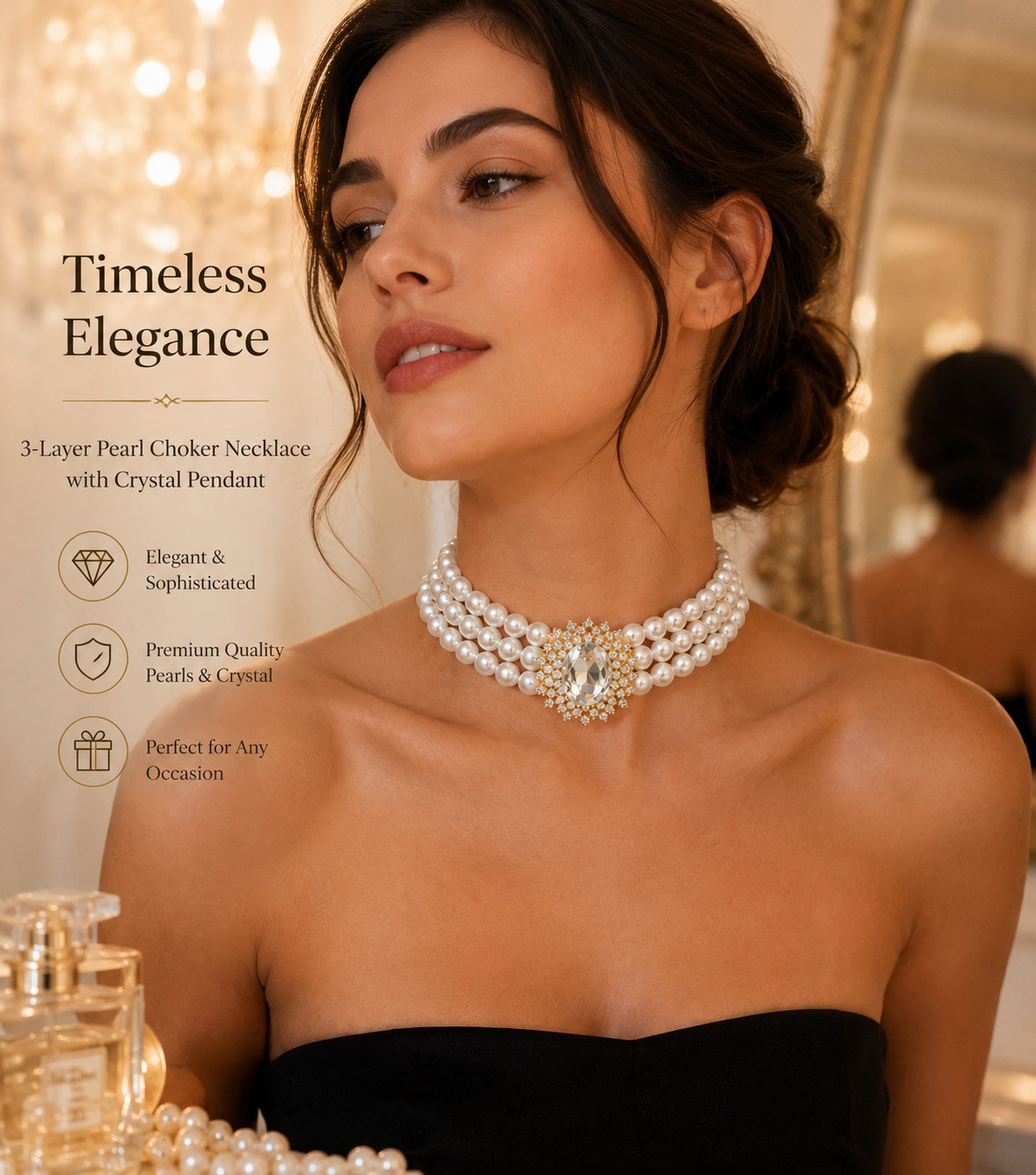 3-Layer Faux Pearl Choker Necklace Women Gold-Tone Crystal Pendant Bridal Gift