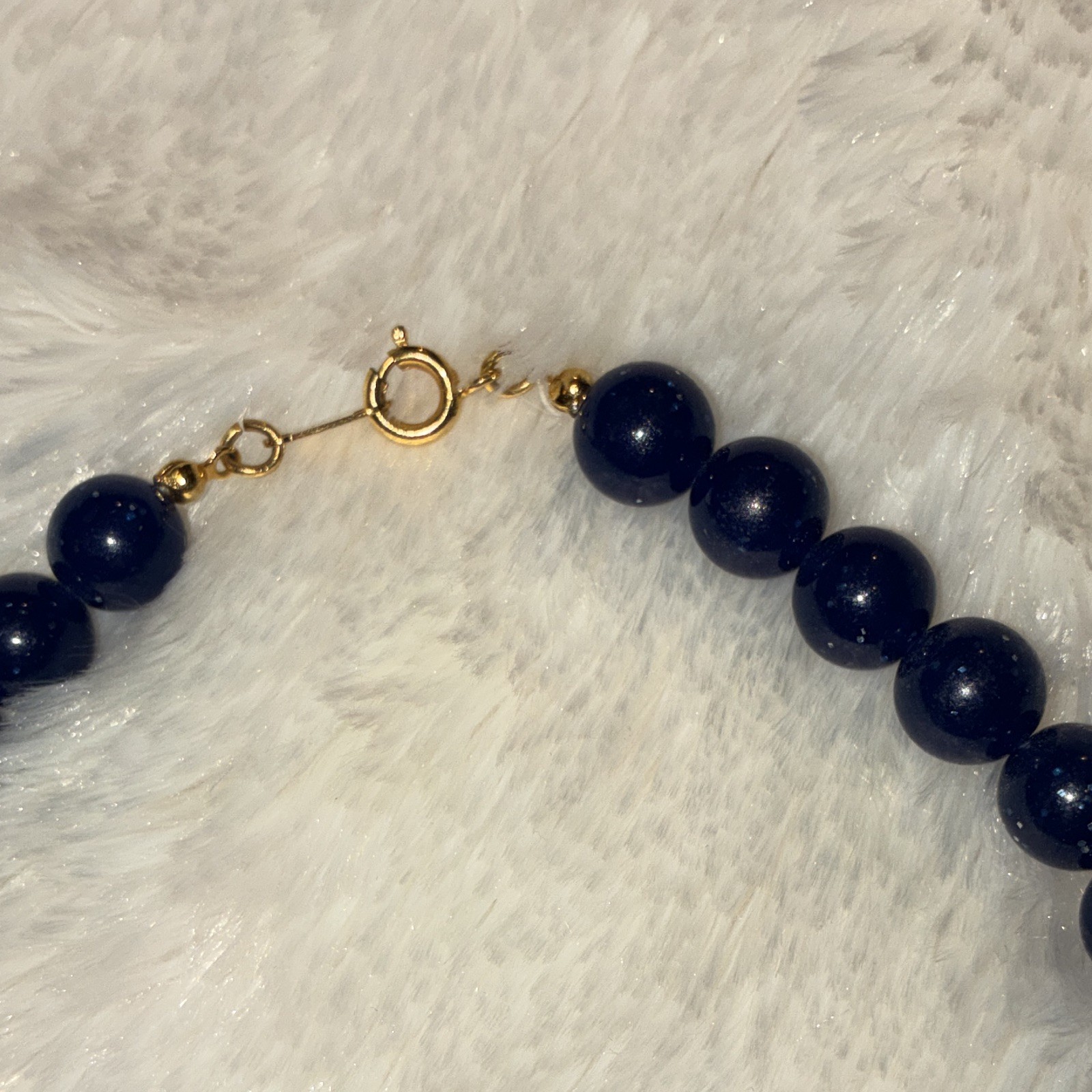 Blue Round Beaded Necklace Ball/Bead Chain Gold-Tone Spring Ring Clasp