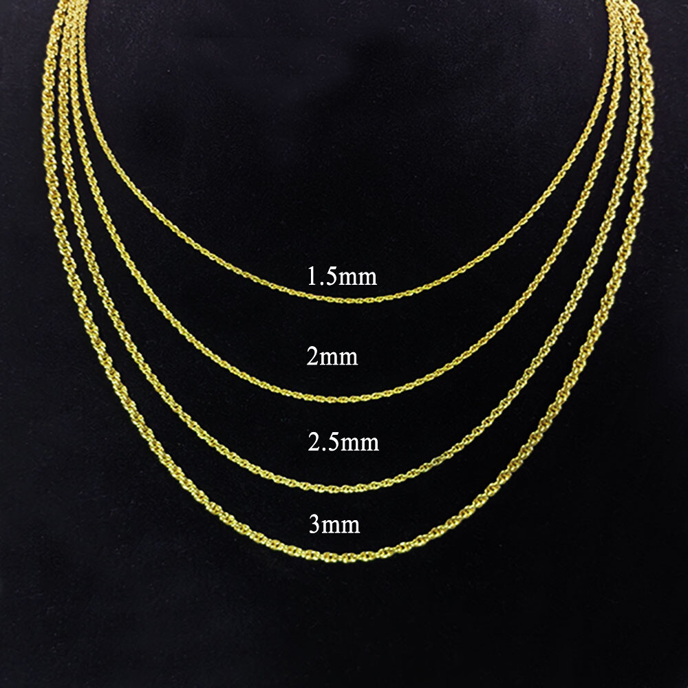 14K Real Solid Yellow Gold 1.5mm-6mm Rope Chain Necklace with Lobster Claw Clasp