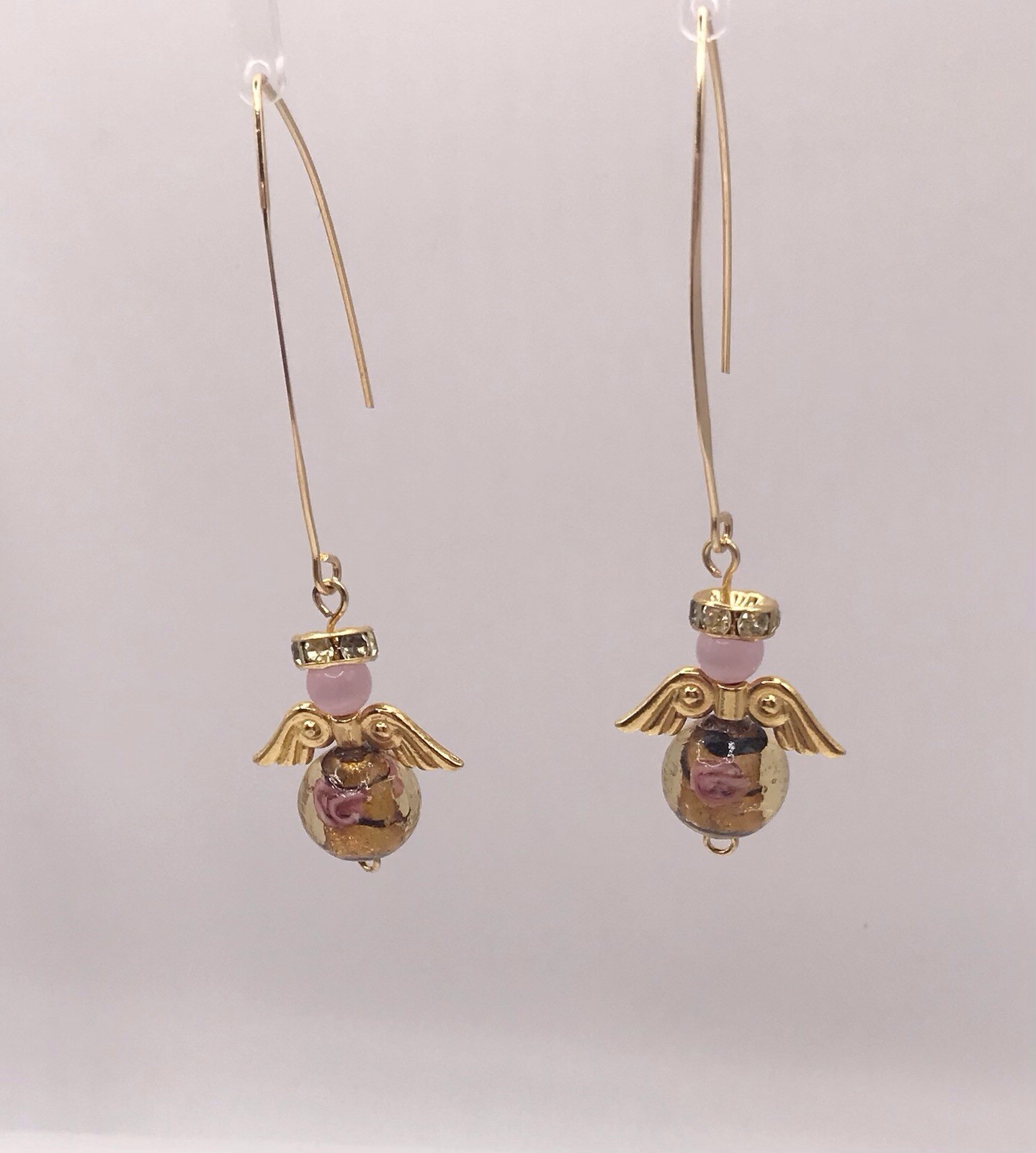 Handmade w/Angel Earrings Pink Cats Eye Murano Gold Round Bead Wings