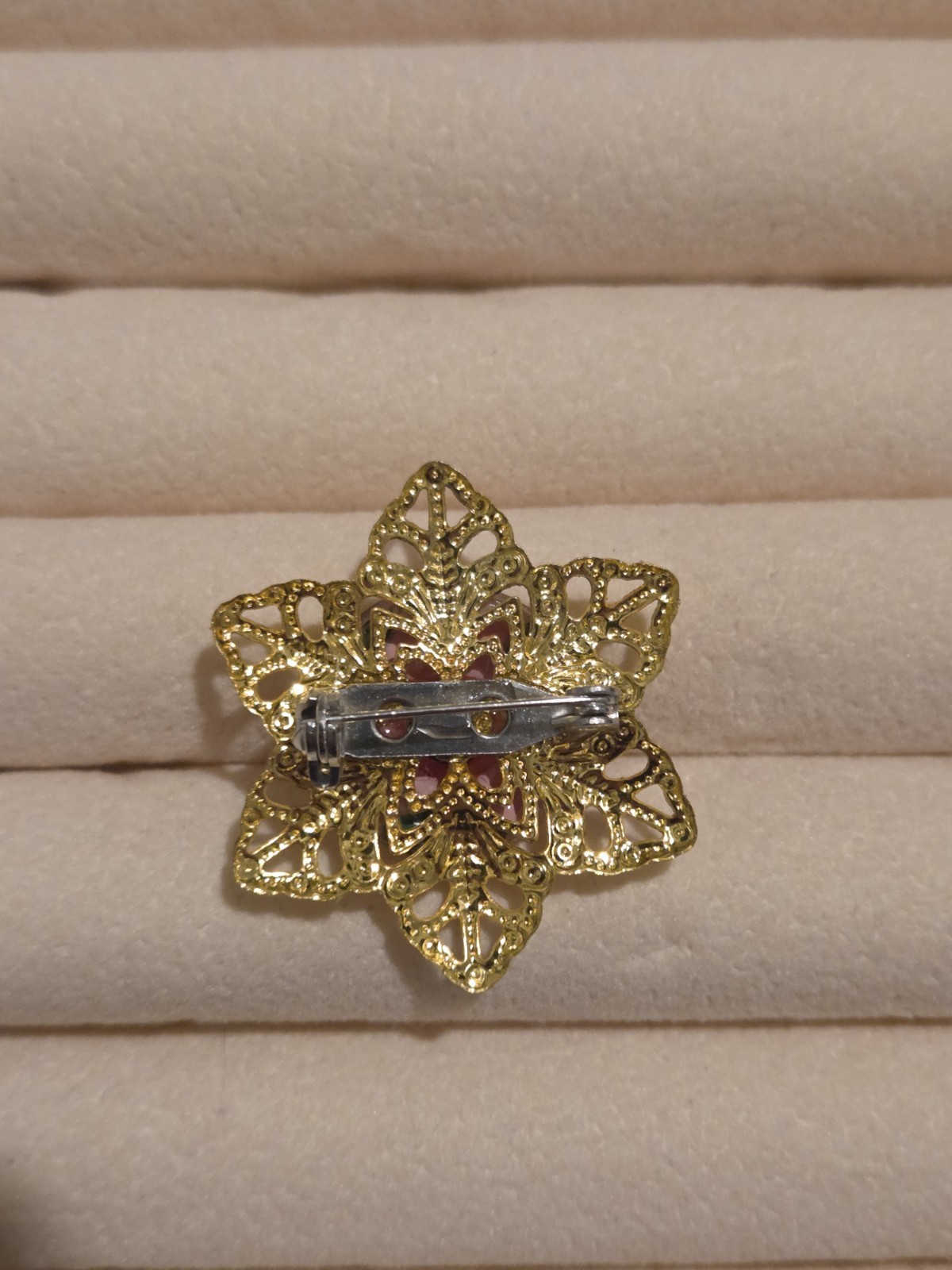 Gold Tone Metal Filigree Flower Brooch Pin w/ Pink Green Red Czech Glass Button