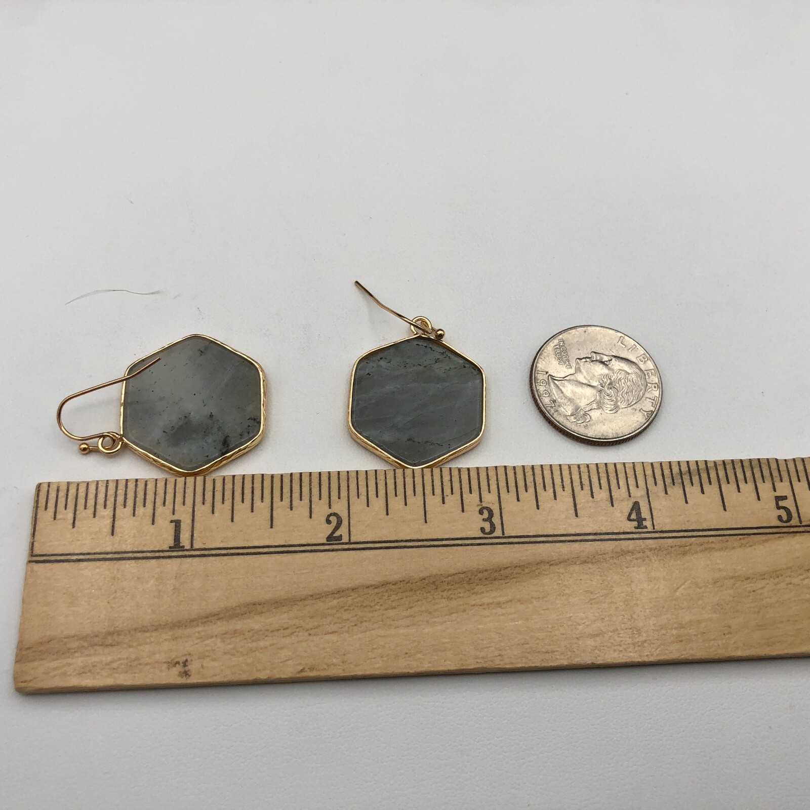 Gray Quartz Earrings Natural Hexagon Gemstone Gold Tone Bezel Drop Dangles