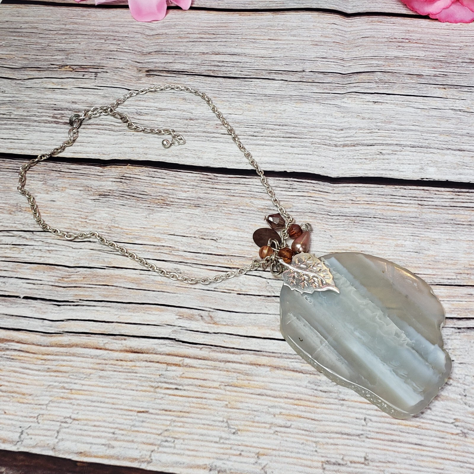 Gray Agate Slice Pendant Necklace Natural Stone Charm Boho Chain Jewelry