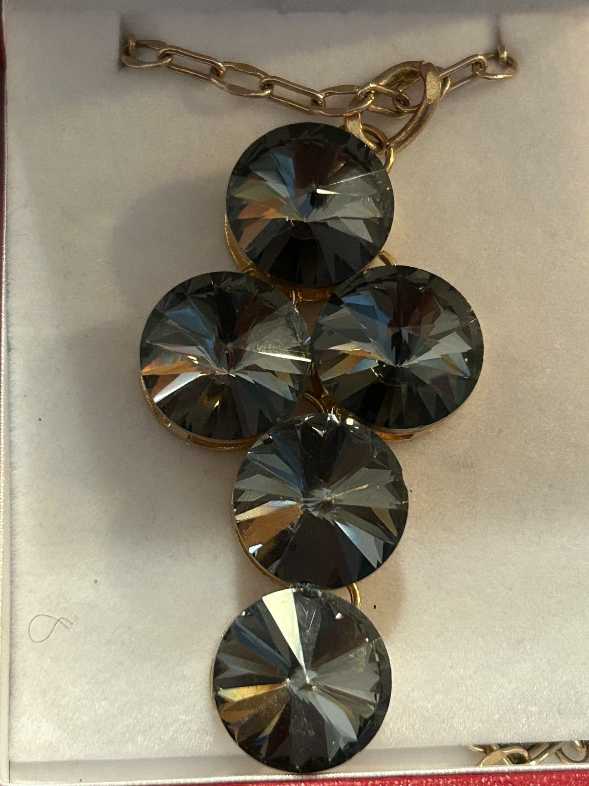 Vintage Good Quality Gold Tone Necklace with Smoky Rivoli Stones Pendant 22″