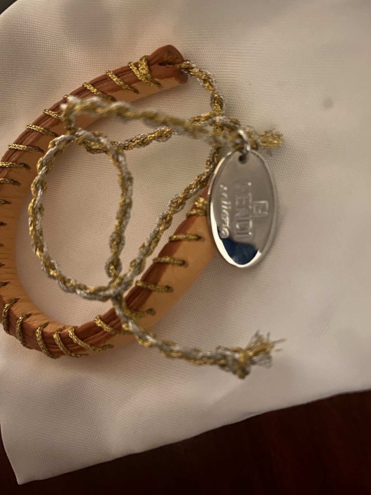 Authentic Fendi Selleria Tan Leather Bracelet W/ Gold/Silver Cord & Silver Logo