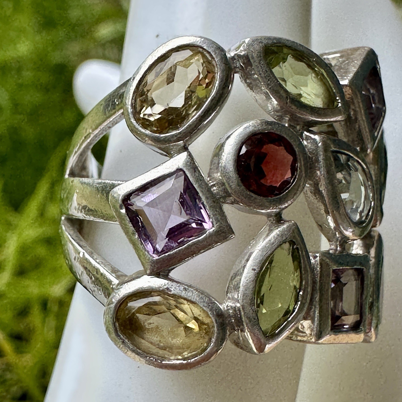 VTG ADI Statement Ring Size 6 Peridot Amethyst Garnet Gems 925 Sterling 9.1g