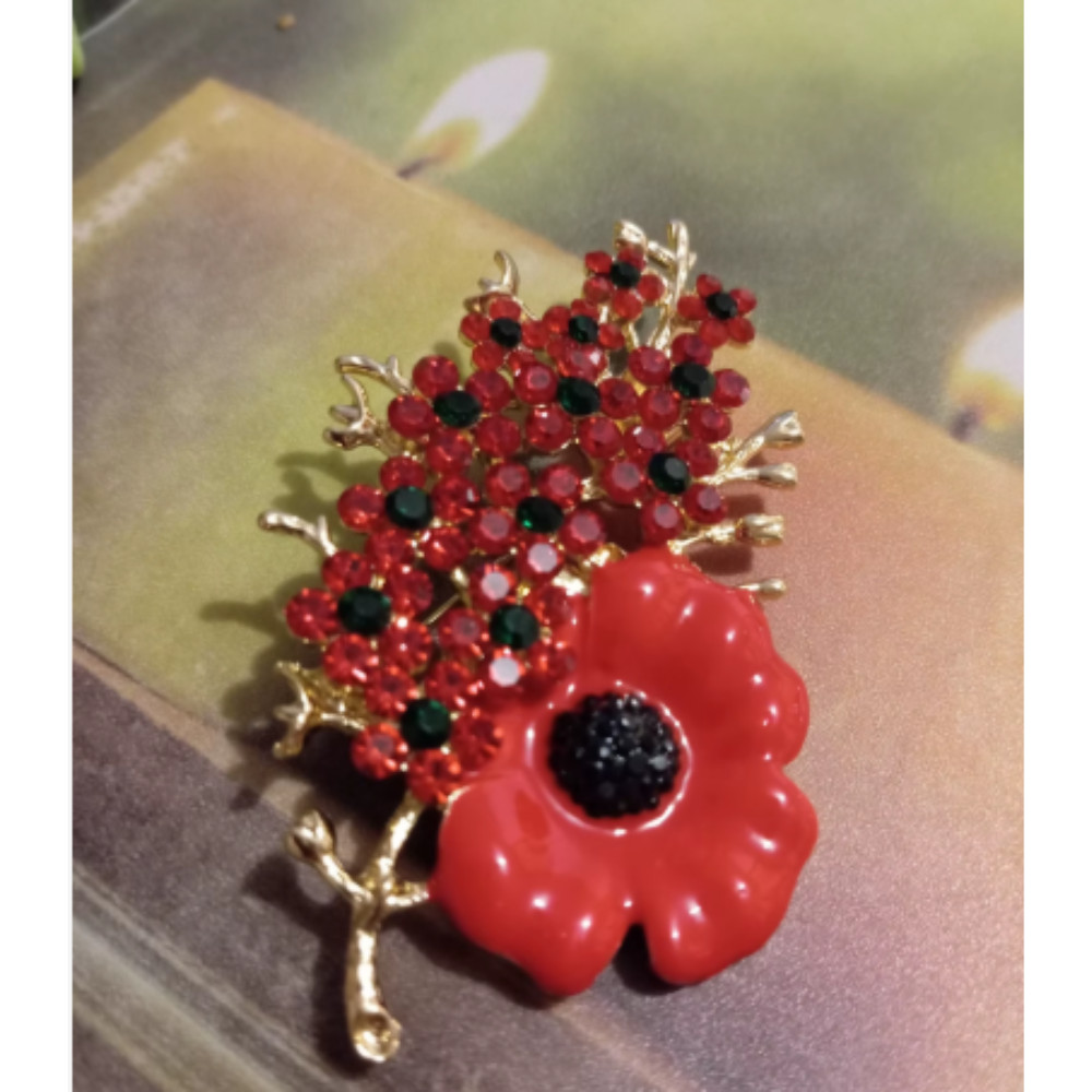 Beautiful Poppy Flowers Brooch Pin – Rhinestone Enamel Jewelry Gift USA