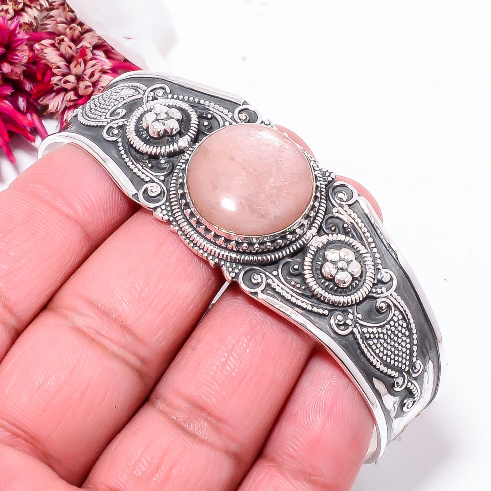 Peach Moonstone – Sri Lanka 925 Sterling Silver Bali Cuff|C968458446