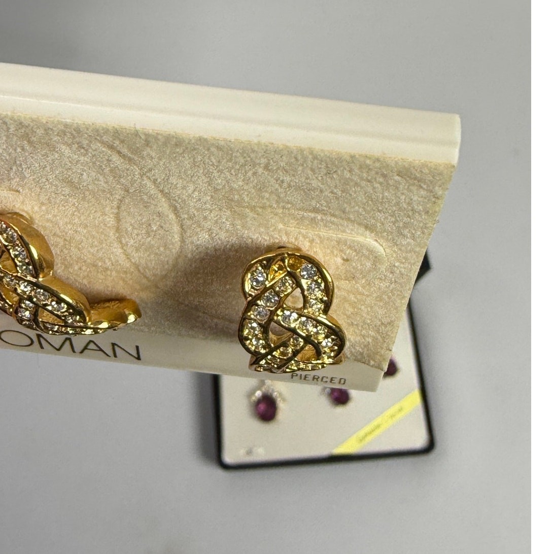Roman Vintage NOS Gold Tone Necklace and 2 Pairs of Earrings Purple Crystal