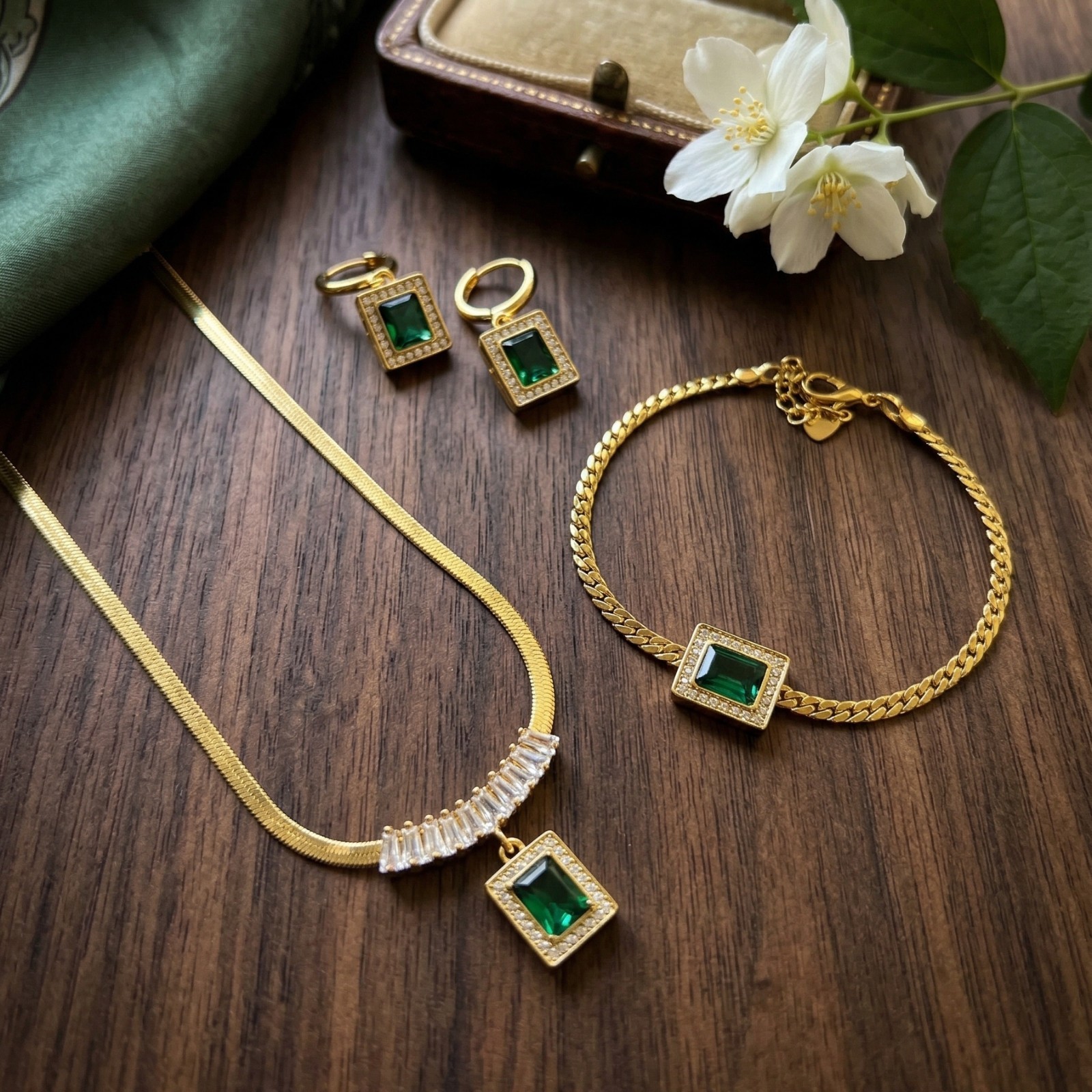 [US STOCK]18K Gold Plated Emerald Green CZ Jewelry Set Necklace Bracelet Earring
