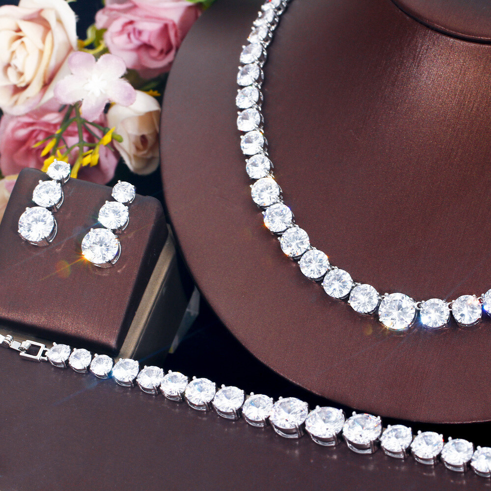 Silver Plated CZ Yellow Big Round Wedding Jewelry Necklace Earrings Bracelet Set