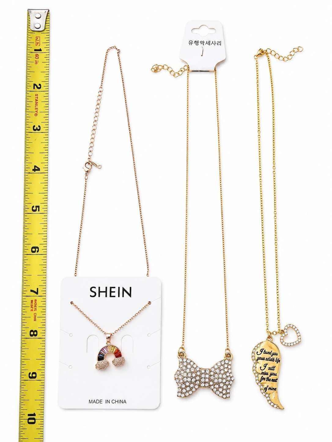 3PCS Gold Tone Pendant Necklace Set Bow Rainbow Angel Wing w/ Gift Box