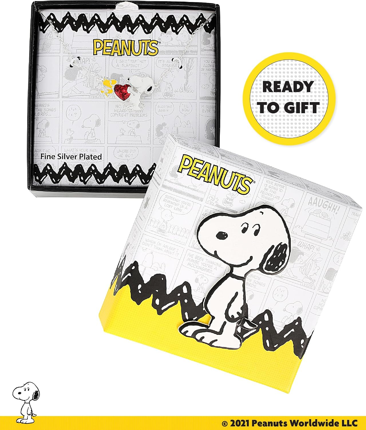Peanuts Official Snoopy and Woodstock Necklaces, Silver Flash-Plated with Red Cr