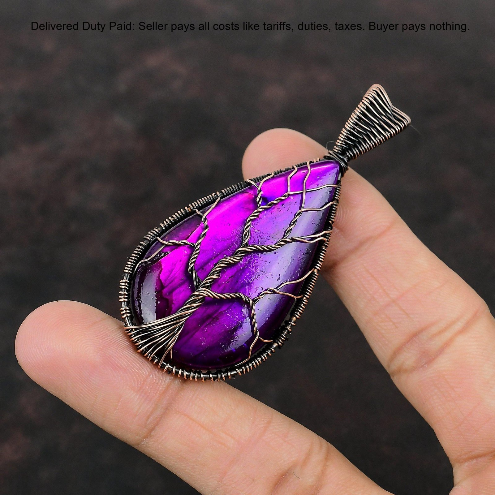 Pink Fire Labradorite Gemstone Wife Tree Of Life And Wire Wrapped Pendant Copper