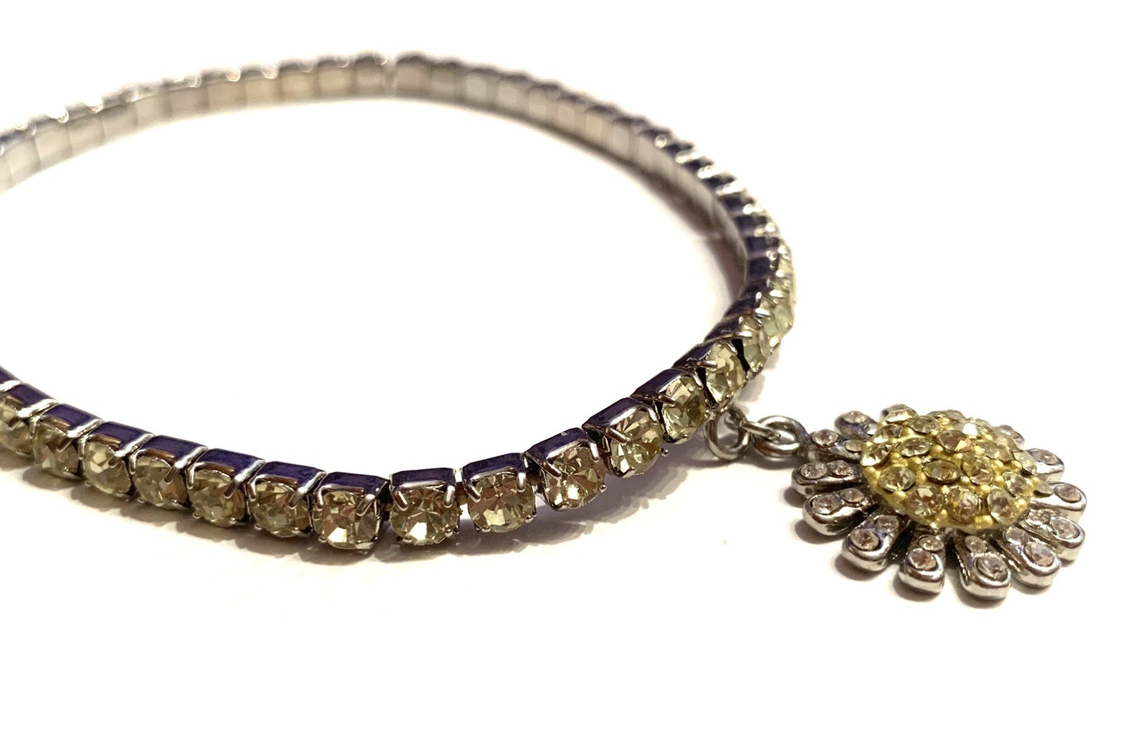 Vtg Silver Tone 9.1” Anklet Expansion Rhinestones Yellow w Daisy Sunflower Charm
