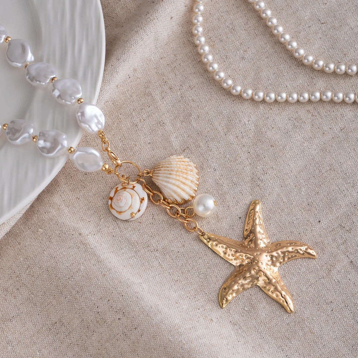 Bohemian Seaside Vacation Wind Pearl Shell Conch Starfish Necklace Female Versat