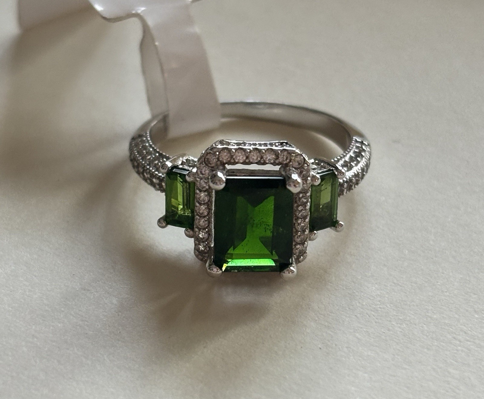 925 Silver Russian Chrome Diopside Emerald Cut Halo Cocktail Ring Prong Set Sz 6