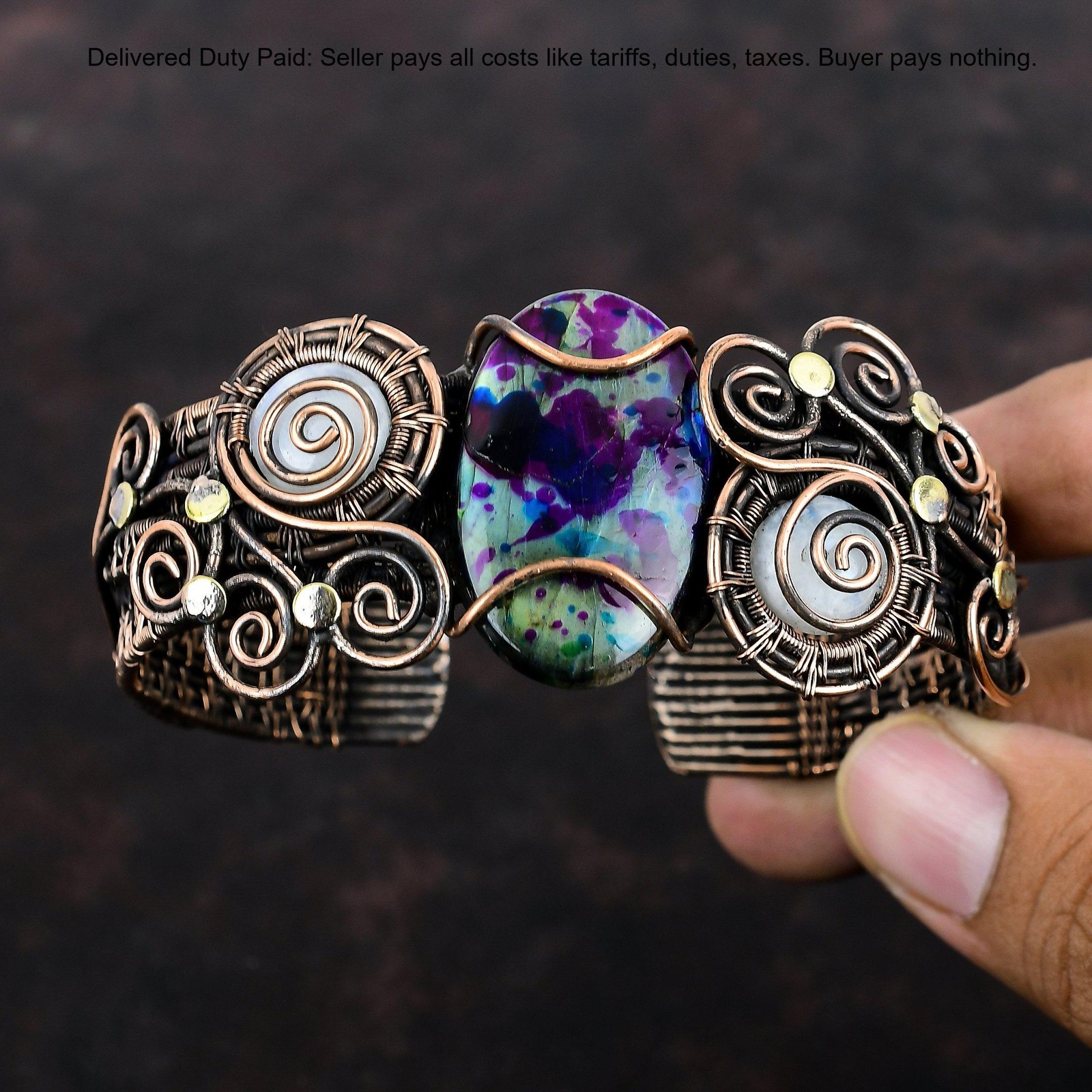 Copper Multi Fire Labradorite Stone Rainbow Moonstone Wire Wrap Bangle Jewelry