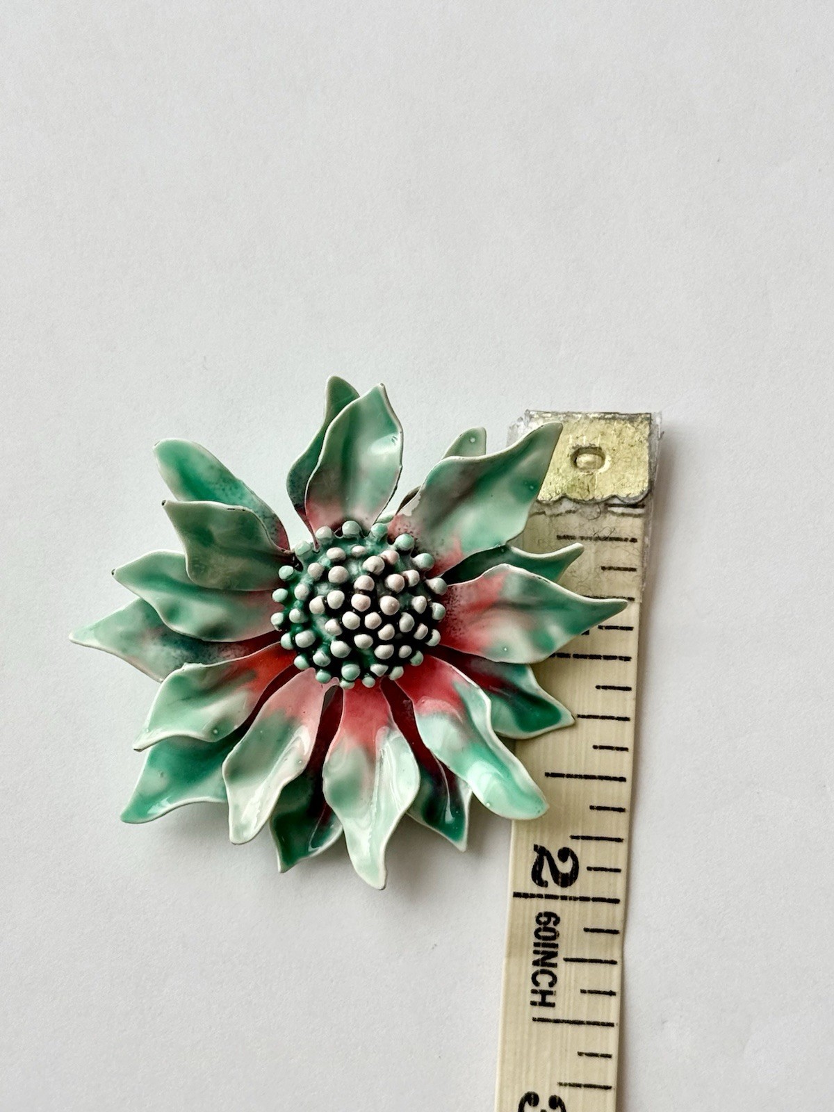 Vintage Enamel Metallic Petals Flower Brooch Pin in Green White Pink