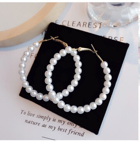 Pretty New Fashion Jewelry Yellow Gold Plated White Pearl 2″ Round Hoop Earrings