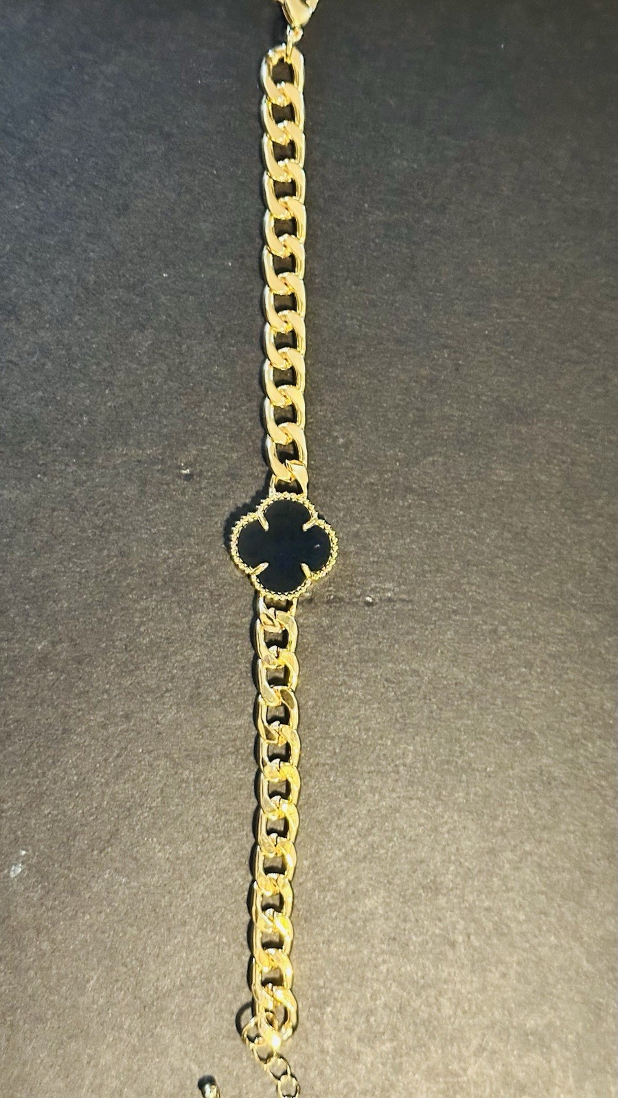 Gold Tone HQ Cable Chain Bracelet Black Clover Dangle Charm Lobster Adjustable