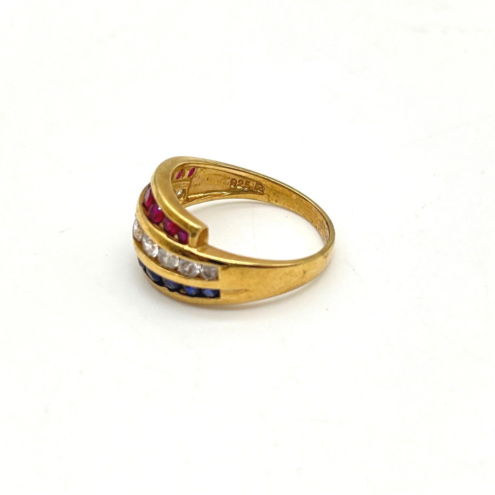 Gold Vermeil Sterling Silver Red White Blue Channel Set Triple Row Ring Size 10