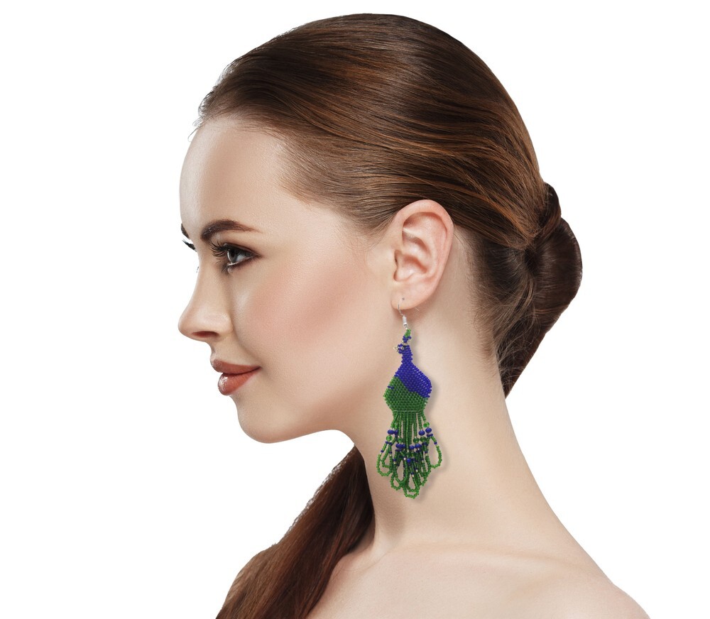 NATIVE STYLE ETHNIC BLUE GREEN PEACOCK BEADED HANDMADE HOOK EARRINGS E4/1