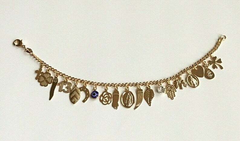 14K Gold Plated Bracelet Good Luck 7.5” Long /Pulsera De Buena Suerte -B48