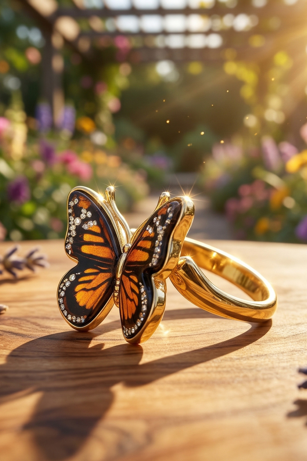 Baltic Amber Monarch Butterfly Ring 24K Gold Plated 925 Silver Adjustable