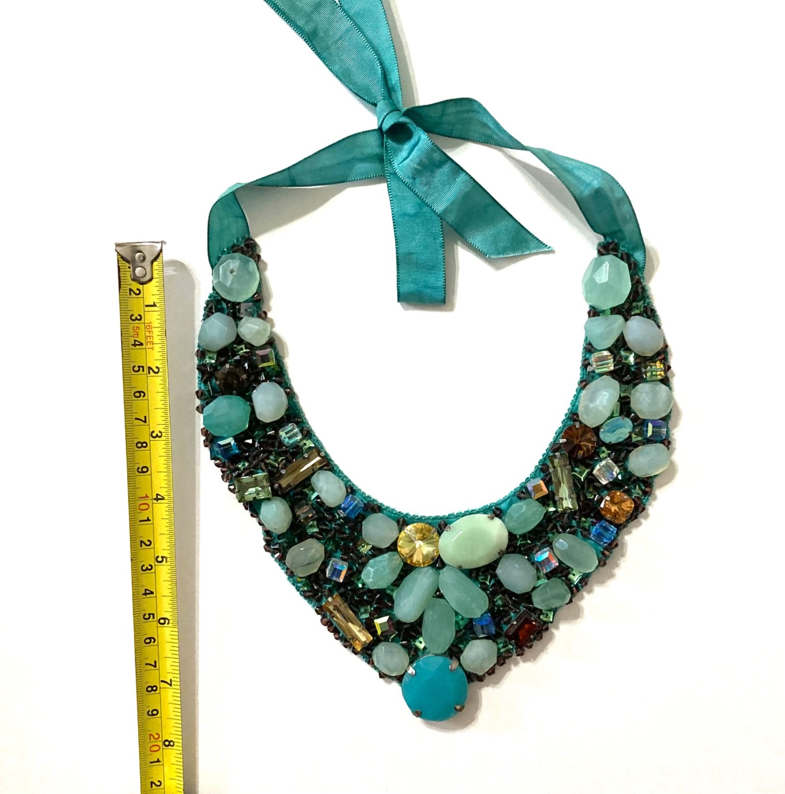 Designer Roberta Freymann Ribbon Bib Statement Necklace Gems Beads Stones