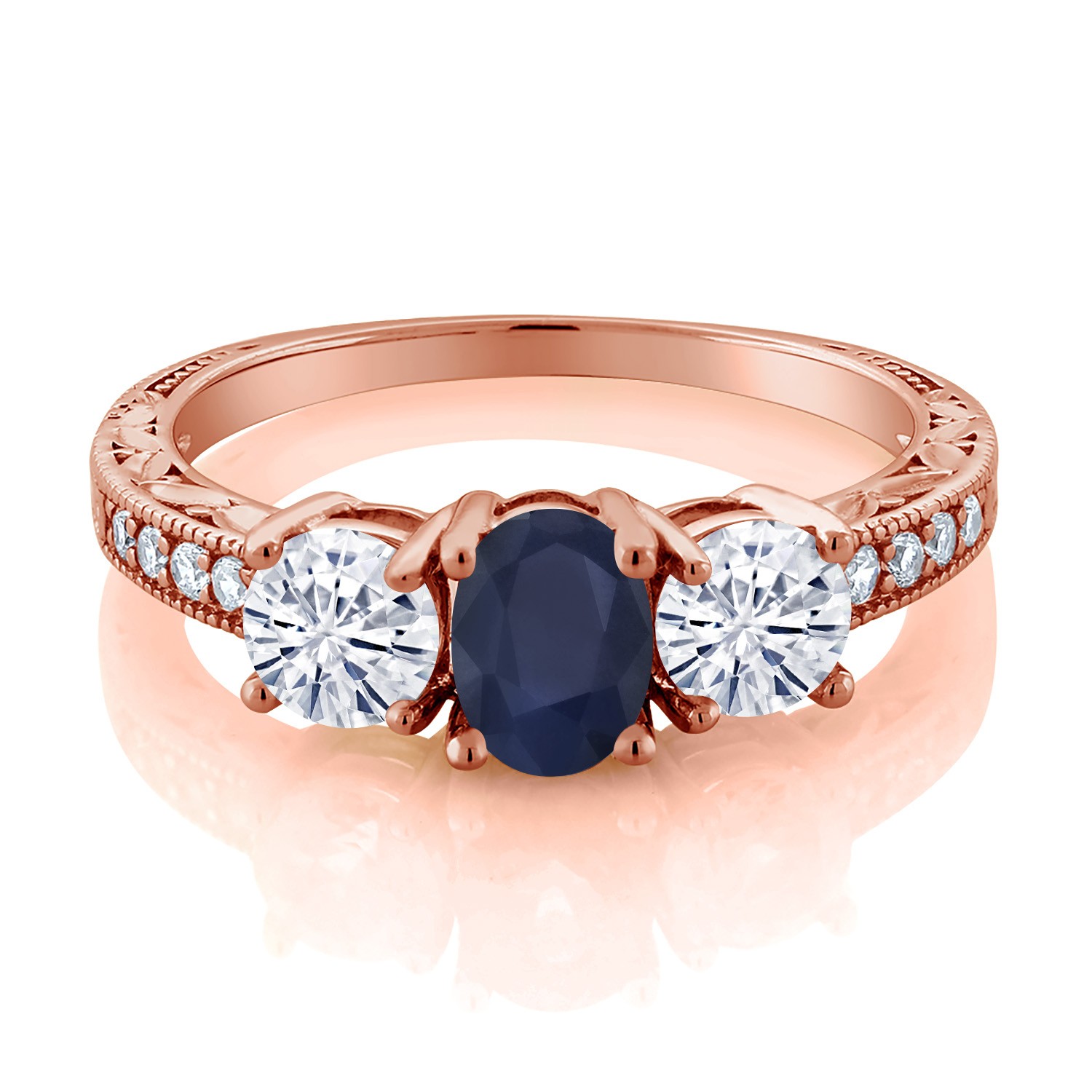 18K Rose Gold Plated Silver 3-Stone Ring Sapphire Moissanite 2.12 Ct