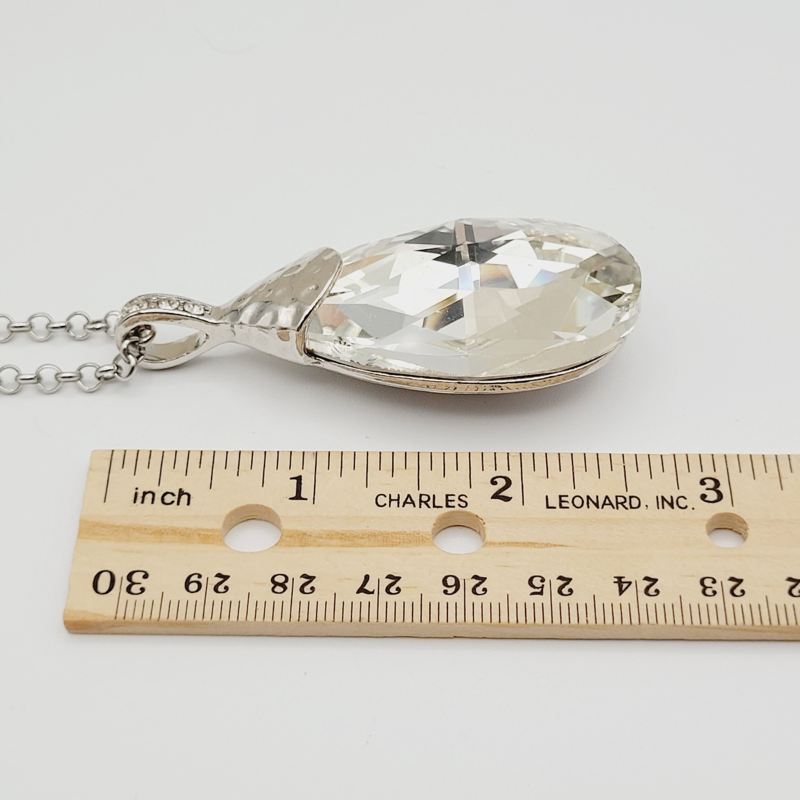 Clear Crystal Teardrop Pendant Necklace Silver Tone Stackable Adjustable 40″