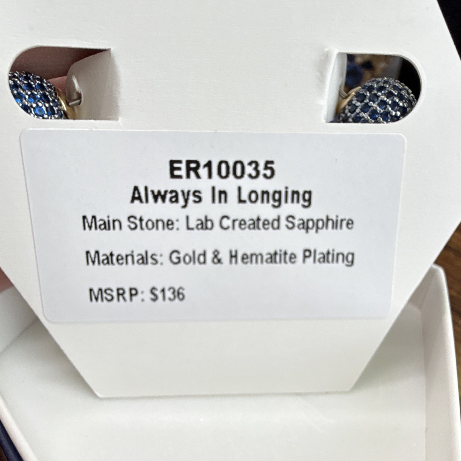 BP always in longing earrings Lab created Sapphire, gold and hematite plating