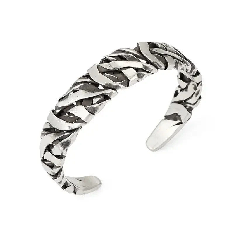Retro C-Shaped Braided Alloy Cuff Bracelet Silver Color Men Fashion Jewelry
